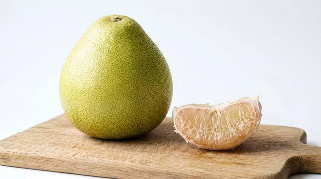 Whole pomelo fruit and peeled segment on wooden board