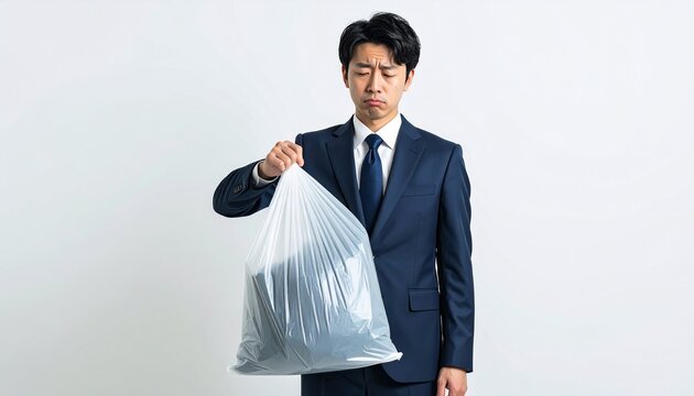 ゴミ袋を手に不機嫌な顔をするスーツ姿の男性