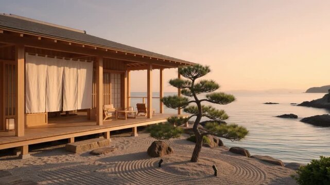 Serene Traditional Japanese Villa with Zen Sand Garden and Bonsai Tree at Sunset Overlooking the Ocean Coastline, Luxury Ryokan Architecture in Peaceful Golden Hour Atmosphere