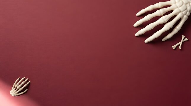 Spooky Halloween diagonal frame background with white skeleton hands and crossed bones in opposite corners on dark burgundy red backdrop with copy space