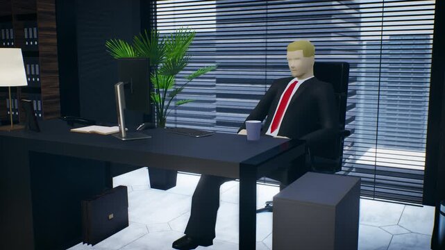 High angle side view of businessman sitting at desk in dark corporate office