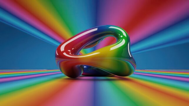 Glossy rainbow colored twisted torus shape on a radial striped background