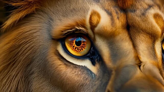 Extreme macro photorealistic footage of a majestic adult lion's eye, deep amber iris
