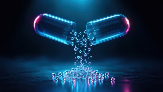 Neon open capsule spilling glowing beads pharmaceutical futuristic drug dark background
