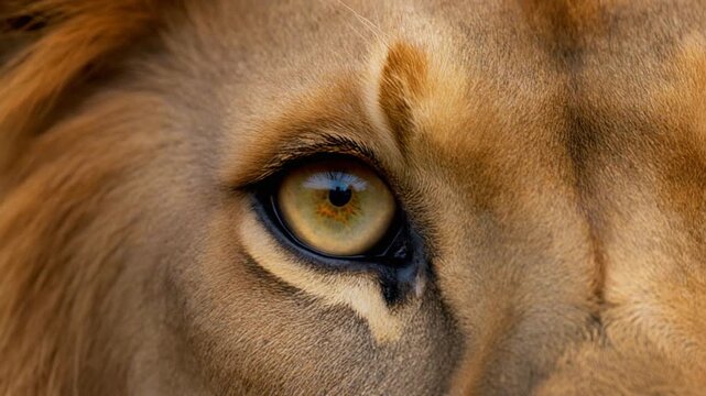 Extreme macro photorealistic footage of a majestic adult lion's eye, unusual olive-hazel iris
