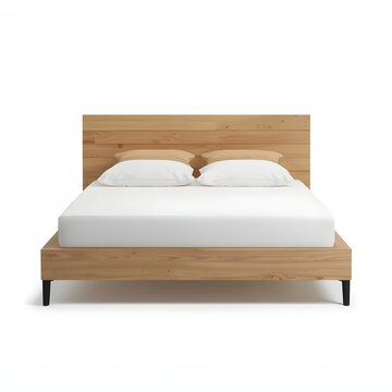 Modern wooden double bed with white mattress illustration