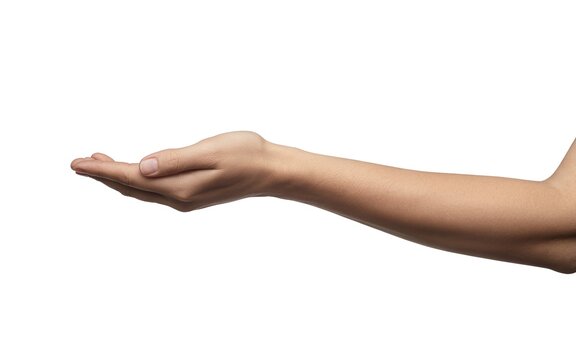 A captivating depiction of a human hand extending forward seemingly presenting or offering something intangible against a stark