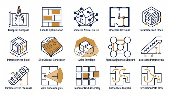 Architectural design icons set, 15 technical blueprint symbols for urban planning, parametric architecture illustrations for building optimization