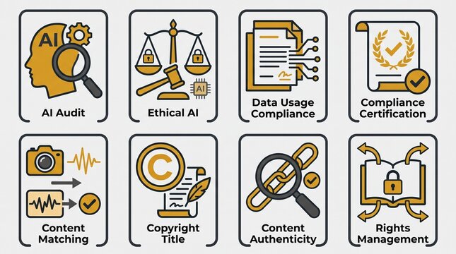 Artificial intelligence ethics and compliance icon set, 8 flat line illustrations for AI audit, legal data usage and rights management symbols