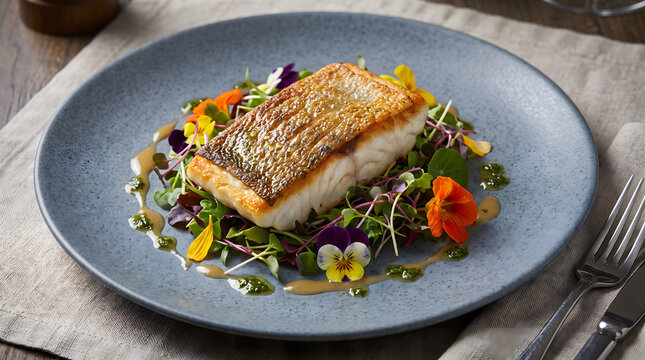 Gourmet pan seared white fish fillet served over microgreens and edible edible flowers with green sauce drizzle on blue plate