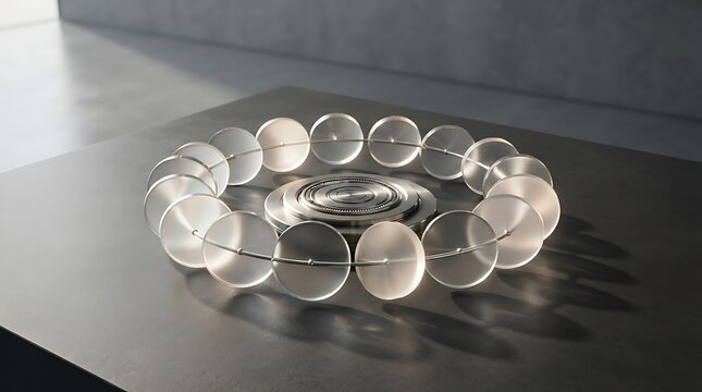 A circular glass sculpture representing 24 7 365 availability and continuous cycle of time in a minimalist studio