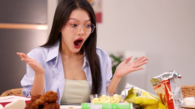 Surprised Asian Woman Reacting with Open Mouth Behind Snacks Table