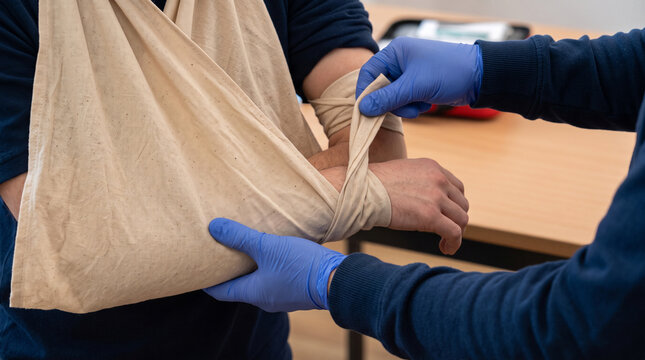 Medical professional wearing blue gloves adjusting fabric arm sling for patient with fractured limb during first aid rehabilitation.