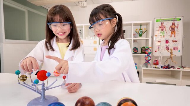 Elementary Students in Lab Coats Studying Solar System Model