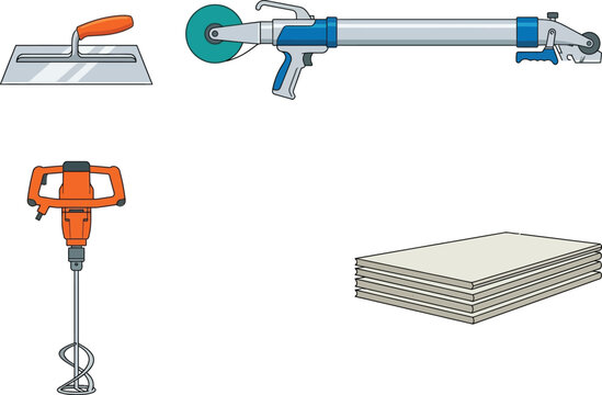 Professional drywall installation and plastering tools vector icon set featuring taping machine and mixer