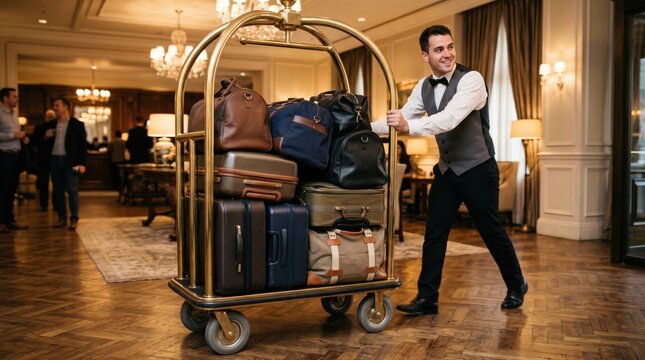 Bellhop Pushing Luggage Cart with Suitcases in Hotel Lobby