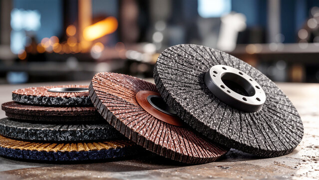 Set of Abrasive Flap Discs and Grinding Wheels for Angle Grinder on Workshop Metal Table with Workshop Background