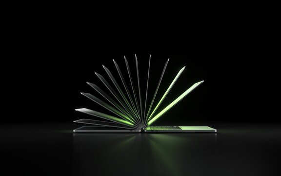 A stunning visual representation of data emerging from a laptop showcasing the future of information technology and holographic