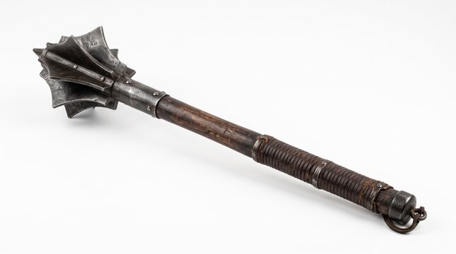 Old medieval iron mace weapon with a wooden handle for historical battle