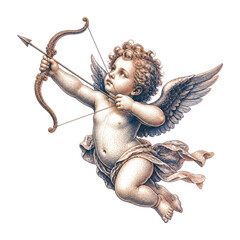 Fototapeta premium Vintage cherubic angel boy with bow and arrow PNG on transparent background