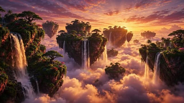 Floating rock islands with waterfalls pouring into clouds at golden hour