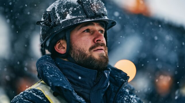 Workers on a harsh job site in the snow (close-up of a man wearing a work uniform and helmet)