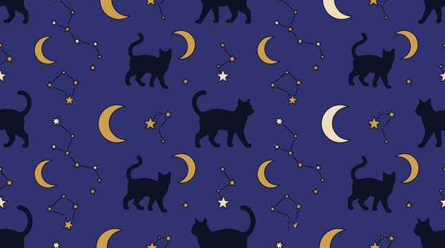 Seamless pattern of black cat silhouettes with constellations stars an