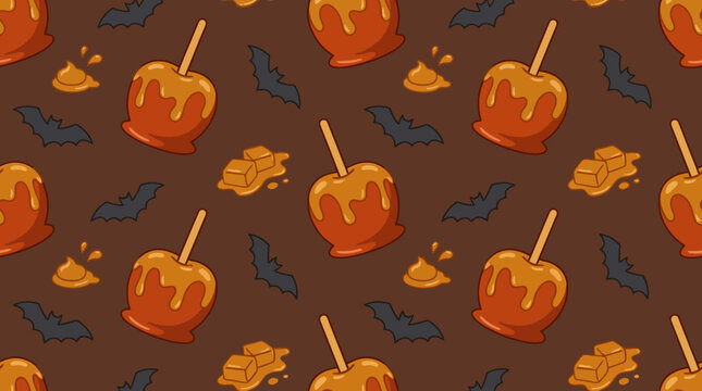 Halloween seamless pattern with candy apples and bats