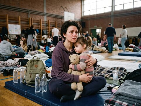 Mother Holding Child Sitting on Floor in Emergency Shelter or Community Center   JPG