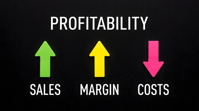 Business profitability concept shown on a dark chalkboard with white text, featuring a green upward arrow above sales, a yellow upward arrow above margin, and a pink downward arrow over costs