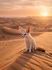 Fototapeta premium Fennec Fox Basking on Desert Sand Dunes at Sunset