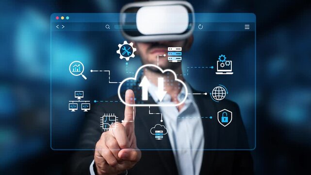 Man in Virtual Reality Headset Interacting with Digital Cloud Technology and Data Analytics Interface in Modern Futuristic Environment. Entropy.