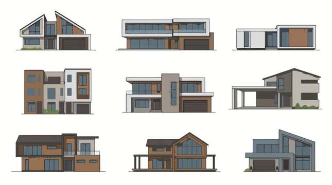 Set of Modern Residential House Exterior Designs Vector Illustration Collection Featuring Diverse Contemporary Architectural Styles for Home Planning and Real Estate