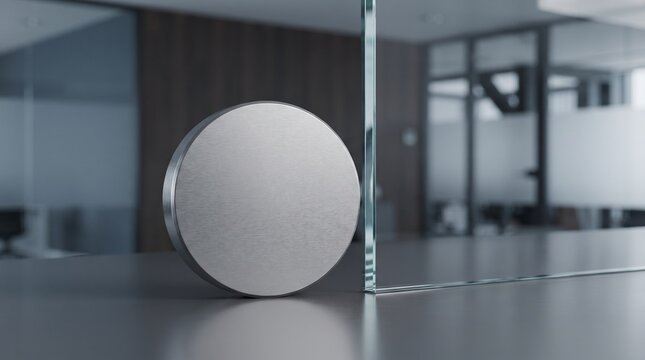 Close Up of Brushed Metal Disc and Glass Partition on Modern Office Desk