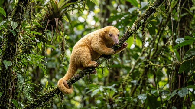 Silky Anteater Resting on Mossy Rainforest Branch in Dappled Sunlight