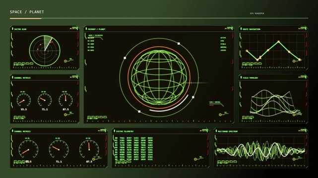 Futuristic sci-fi deep space telemetry HUD interface with radar, data charts, graphs, and digital control panels for tech and gaming projects.
