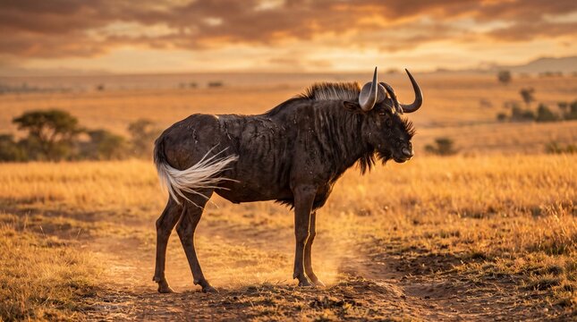 Majestic Black Wildebeest Standing in Sunlit African Savanna at Sunset
