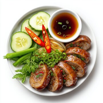 Vietnamese Tet festival boiled pork sausage sliced  isolated on a white background