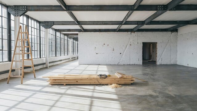 An expansive sunlit loft space features polished concrete floors large windows and a minimalist aesthetic creating a versatile