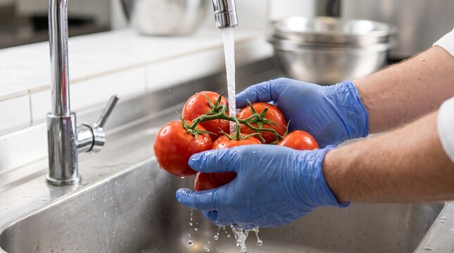 Chef hands wearing blue nitrile gloves, with cluster of fresh red vine tomatoes, washing vegetables under running tap water, in a stainless steel kitchen sink, food preparation photography
