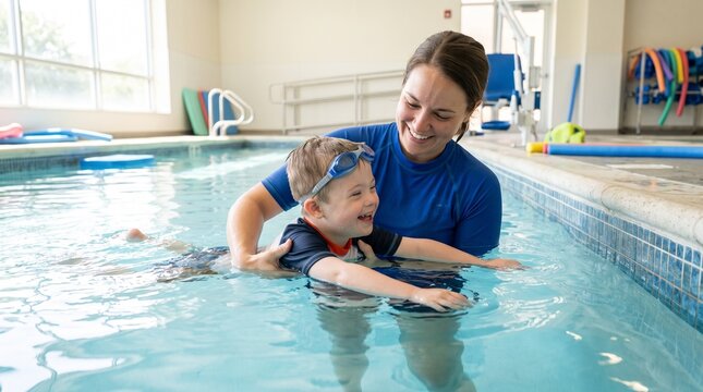 Boy with Down syndrome and swim instructor, wearing swimming goggles and blue rash guard, practicing swim lesson while floating and smiling, indoor therapy pool, healthcare photography