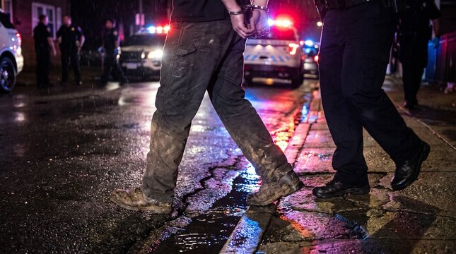 Handcuffed suspect under arrest, with dirty pants reflecting emergency vehicle lights, walking along wet asphalt street, at night during rain, law enforcement photography
