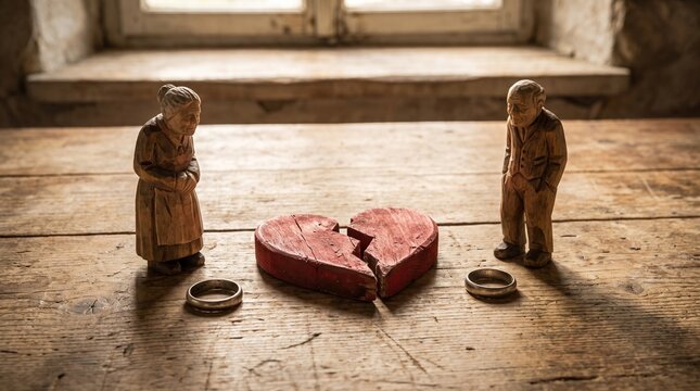 Wooden carved figurines of elderly couple, with split red wooden heart and metal wedding rings, standing separated from each other, on rustic wooden tabletop indoors, symbolic concept photography