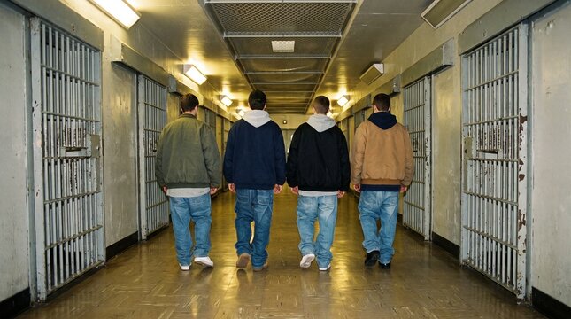 Four inmates in casual attire, with denim jeans, walking through hallway, in prison cellblock, documentary photography