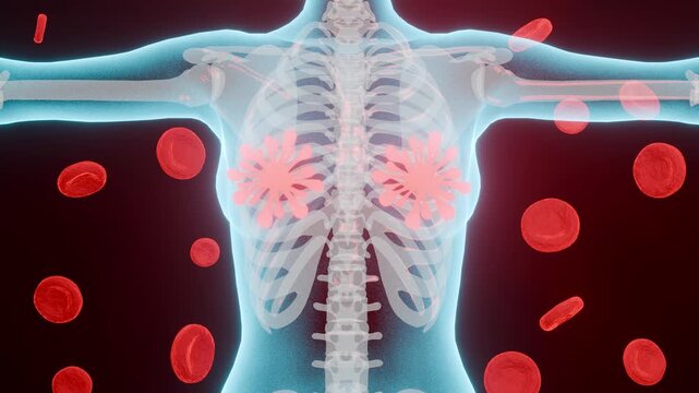 Medical concept 3D animation of female body x-ray with flashing breast lymph nodes surrounded by red blood cells, lymphatic system anatomy, translucent woman torso