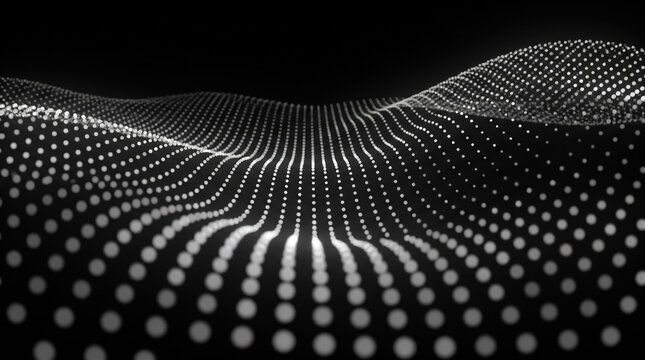 Abstract white digital data wave of glowing dots on a black background