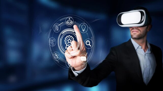 Businessman in Virtual Reality Headset Interacting with Touchscreen Display of Icons and Technology Concepts for Modern Digital Solutions. Entropy.