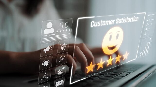 Customer feedback and satisfaction rating system showing star review, happy face, performance score, and service evaluation to improve customer experience Marrow