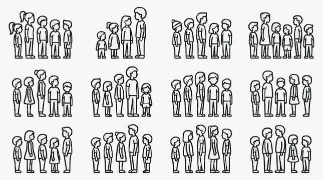 Diverse Groups of Line Art Figures Standing in Various Height Arrangements