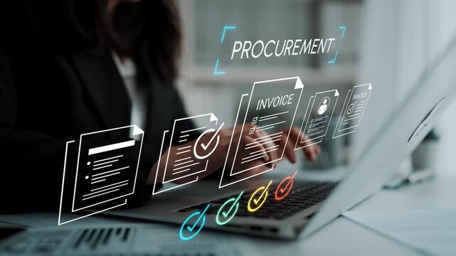 Business Professional Engaging with Procurement Process and Invoice Documentation on Laptop in Modern Office Setting Gluon.